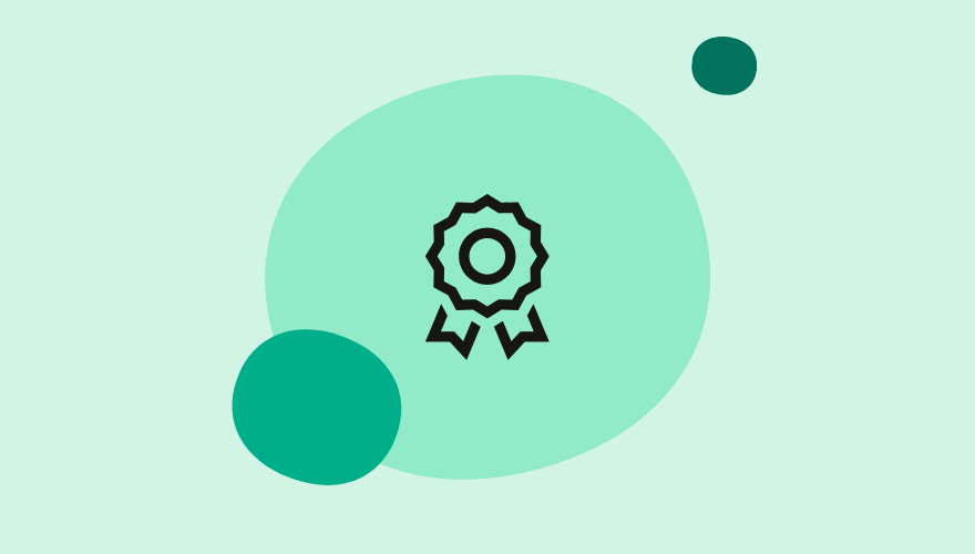 Mint graphic with black icon of a medal.
