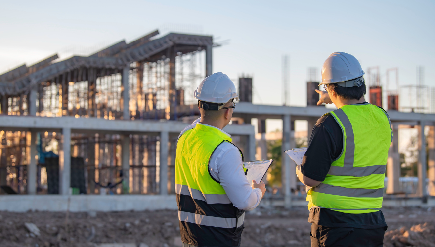  Two engineers working at site of a large building project.