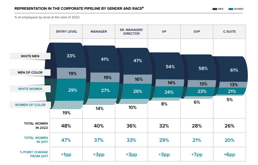 A chart showing the representation in the corporate pipeline by gender and race