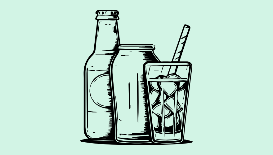 An illustration of soft drinks in a bottle, in a can and in a glass