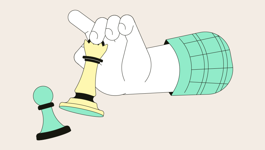 Illustration of a hand holding a chess piece
